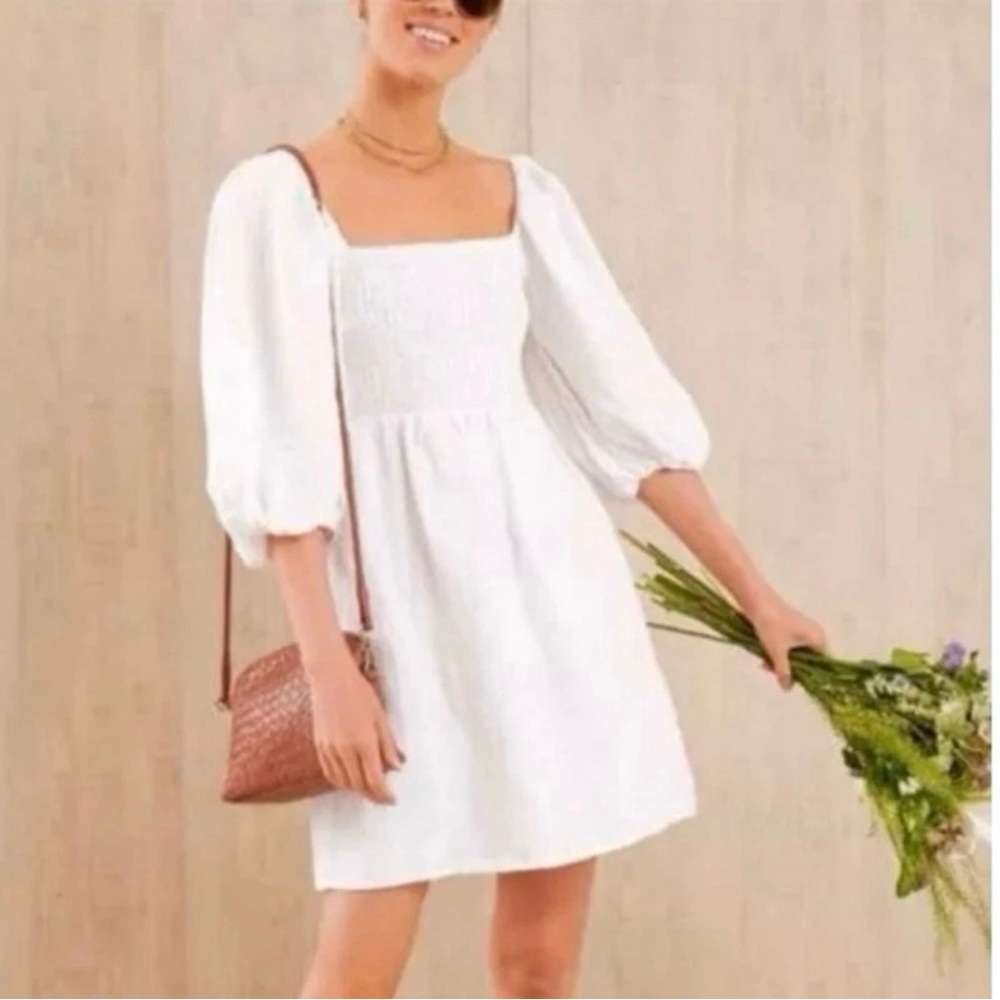Tuckernuck Annie smocked bubble sleeve off white linen mini dress